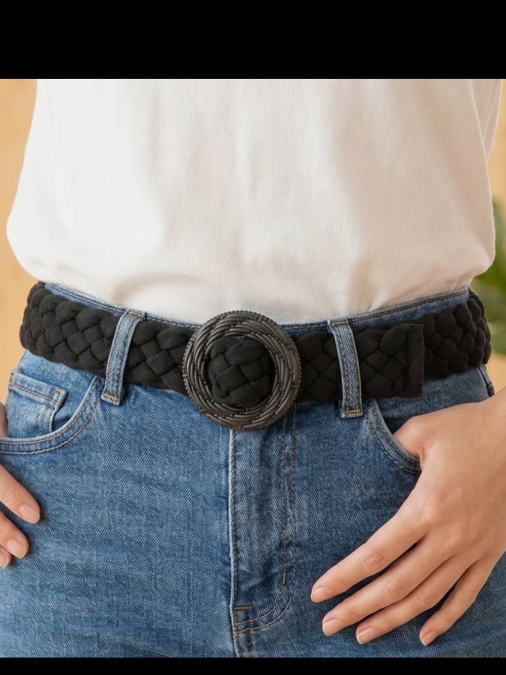 Wide Braided Elastic Round Buckle  Woven Circle Buckle Belt - Black